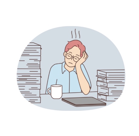 burnout et épuisement au travail, un jeune homme dessiné s'ennui face à la somme de travail à exécuter 